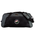 Spacious and durable, the Society of Iowa Rugby Referees Holdall Duffle Bag by EMB Canterbury features a striking black and gray design with the classic Canterbury logo, plus a stylish front patch adorned with pink flowers and green leaves. Its water repellent finish ensures your rugby gear stays dry in any conditions.