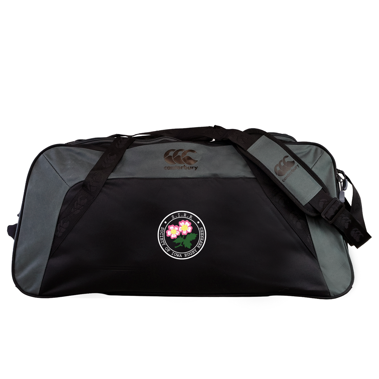 Spacious and durable, the Society of Iowa Rugby Referees Holdall Duffle Bag by EMB Canterbury features a striking black and gray design with the classic Canterbury logo, plus a stylish front patch adorned with pink flowers and green leaves. Its water repellent finish ensures your rugby gear stays dry in any conditions.
