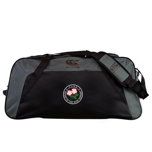 Spacious and durable, the Society of Iowa Rugby Referees Holdall Duffle Bag by EMB Canterbury features a striking black and gray design with the classic Canterbury logo, plus a stylish front patch adorned with pink flowers and green leaves. Its water repellent finish ensures your rugby gear stays dry in any conditions.