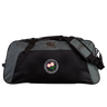 Spacious and durable, the Society of Iowa Rugby Referees Holdall Duffle Bag by EMB Canterbury features a striking black and gray design with the classic Canterbury logo, plus a stylish front patch adorned with pink flowers and green leaves. Its water repellent finish ensures your rugby gear stays dry in any conditions.