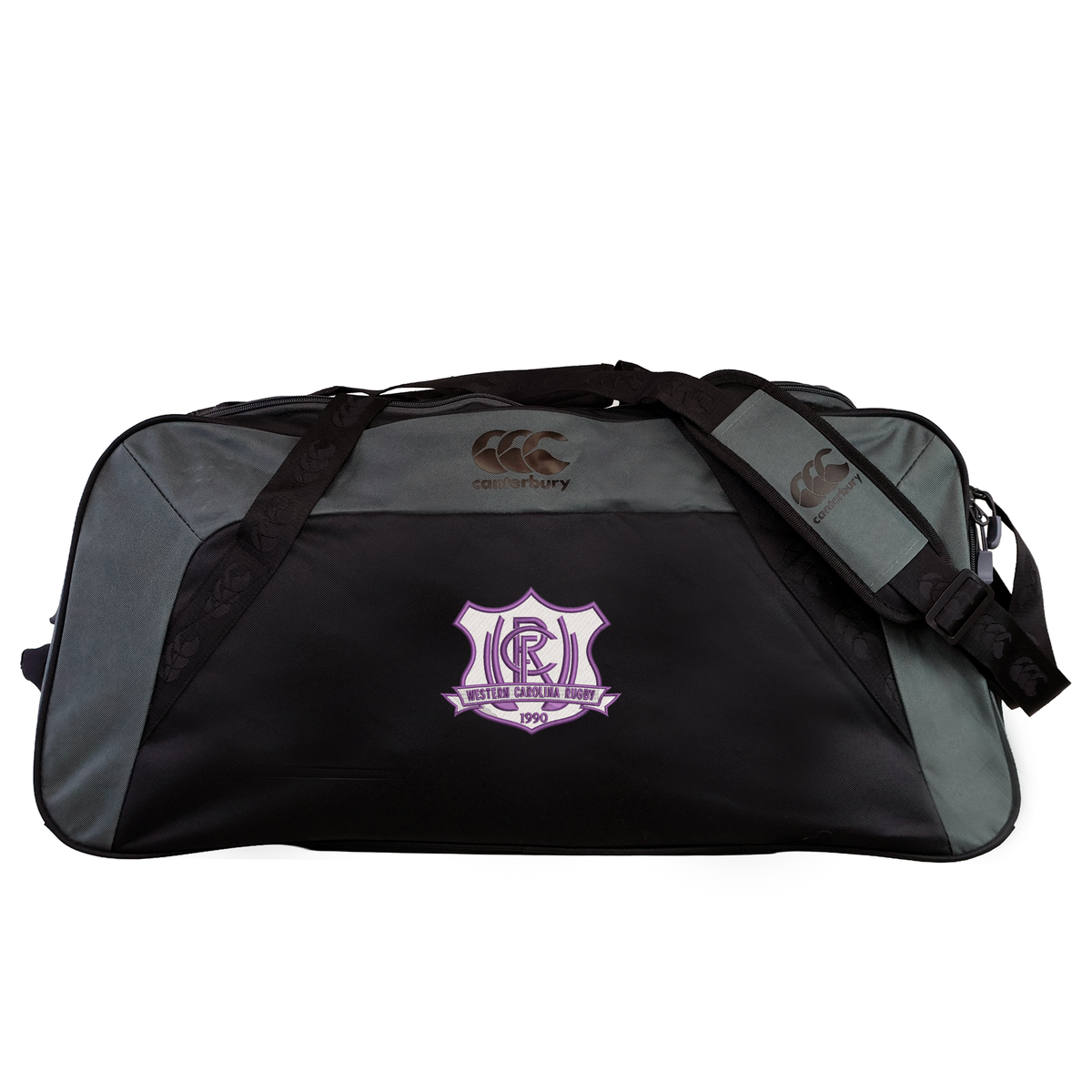 Black and grey Western Carolina University Holdall Duffle Bag by Canterbury featuring a Western Carolina Rugby logo and shoulder strap.