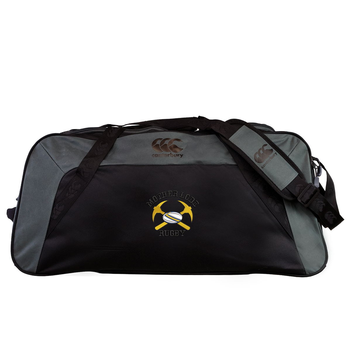 Black and gray Mother Lode Holdall Duffle Bag by Canterbury with a shoulder strap, featuring a logo of two crossed pickaxes and a rugby ball with the text “Mother Lode Rugby.”