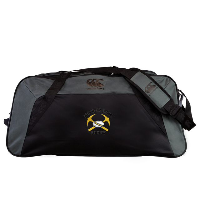 Black and gray Mother Lode Holdall Duffle Bag by Canterbury with a shoulder strap, featuring a logo of two crossed pickaxes and a rugby ball with the text “Mother Lode Rugby.”