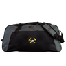 Black and gray Mother Lode Holdall Duffle Bag by Canterbury with a shoulder strap, featuring a logo of two crossed pickaxes and a rugby ball with the text “Mother Lode Rugby.”