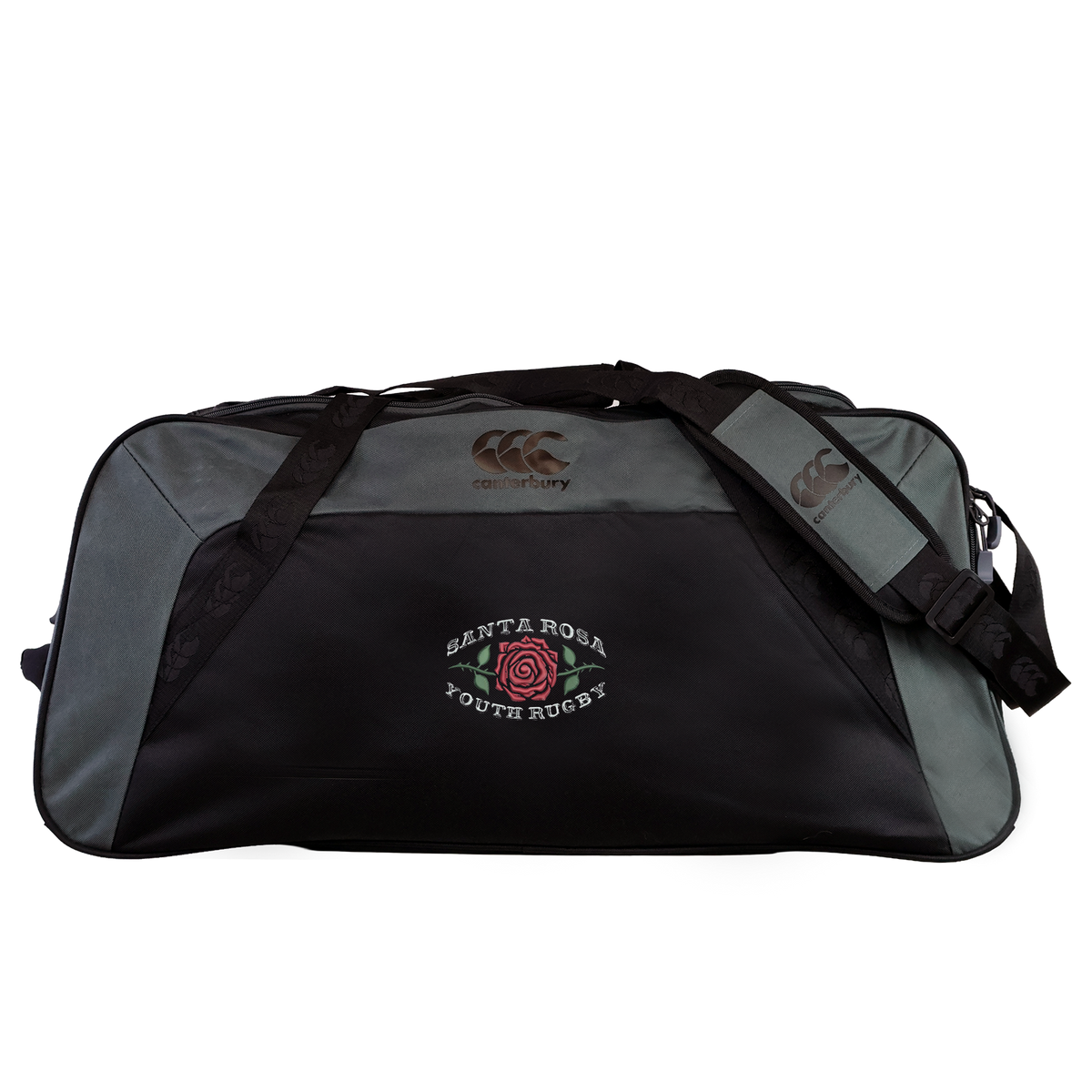 The Santa Rosa Youth Rugby Holdall Duffle Bag by EMB Canterbury is a black and gray water-repellent duffle featuring “Santa Rosa Youth Rugby” and a red rose logo on the front. Combining classic rugby holdall durability with modern style, this bag showcases signature Canterbury branding.