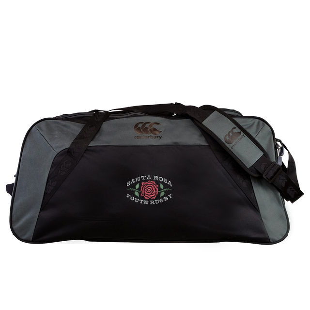 The Santa Rosa Youth Rugby Holdall Duffle Bag by EMB Canterbury is a black and gray water-repellent duffle featuring “Santa Rosa Youth Rugby” and a red rose logo on the front. Combining classic rugby holdall durability with modern style, this bag showcases signature Canterbury branding.