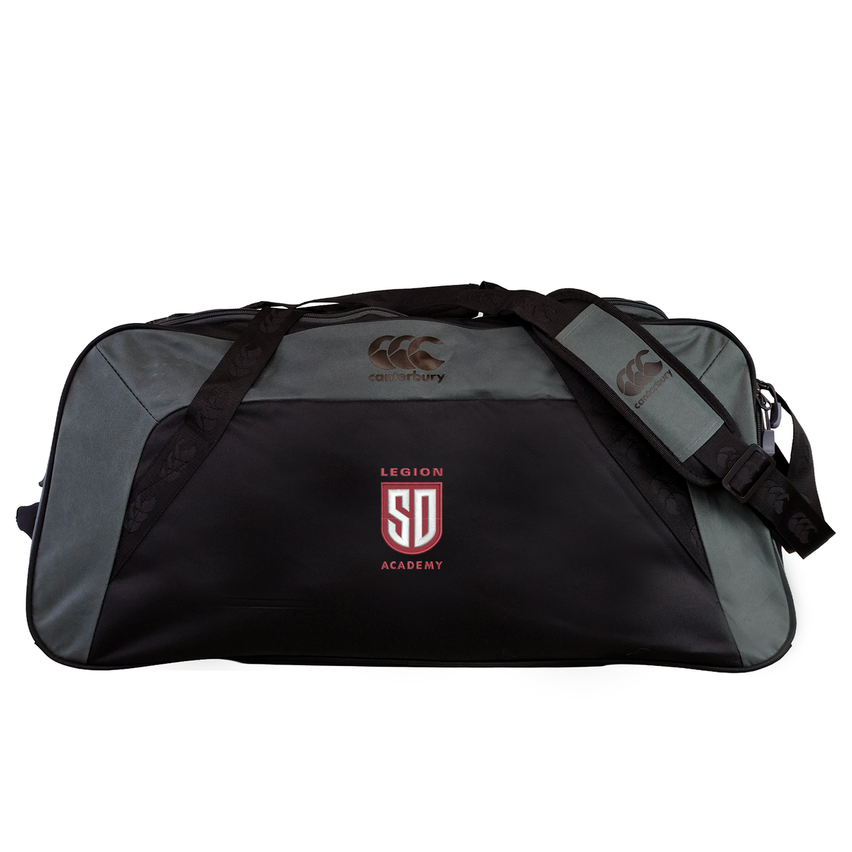 Black and grey water-repellent Legion Academy Holdall Duffle Bag by Canterbury with a shoulder strap and “Legion Academy” logo on the side.