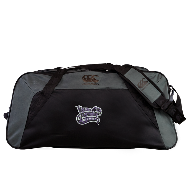 The Valley Panthers Girls Rugby Holdall Duffle Bag by Canterbury features a gray and black design with the “Valley Panthers Girls Rugby” logo, as well as Canterbury branding on the strap and top. Made by EMB Canterbury, this water-repellent rugby bag combines durability and style, making it an ideal choice for athletes on the move.