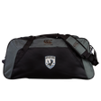 The South Orange County Raptors Holdall Duffle Bag by EMB Canterbury is a black and gray water-repellent sports bag with shoulder straps, featuring the Canterbury logo and an embroidered South Orange County Raptors eagle patch with text on the front.