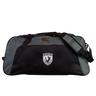 The South Orange County Raptors Holdall Duffle Bag by EMB Canterbury is a black and gray water-repellent sports bag with shoulder straps, featuring the Canterbury logo and an embroidered South Orange County Raptors eagle patch with text on the front.
