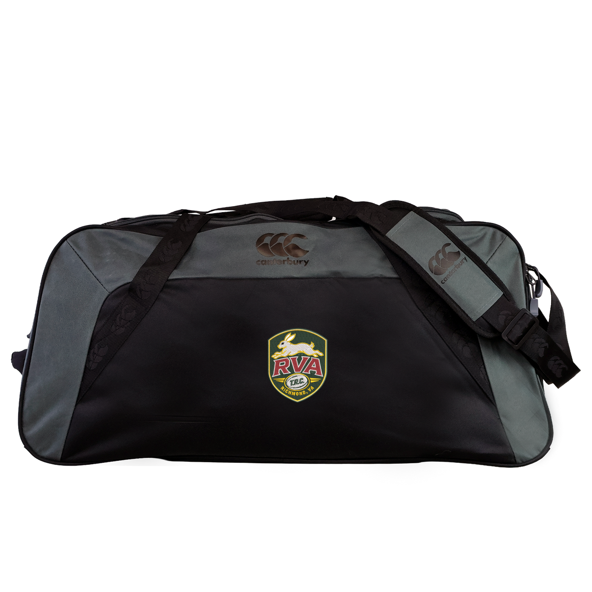 The EMB Canterbury RVA T.R.C. Holdall Duffle Bag by Canterbury is a large black and gray duffle bag featuring a shoulder strap and an RVA FC crest on the front. Water-repellent and ideal for carrying your rugby essentials, it is shown on a plain white background.