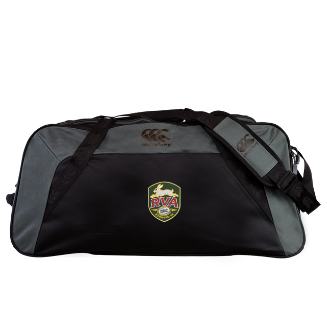 The EMB Canterbury RVA T.R.C. Holdall Duffle Bag by Canterbury is a large black and gray duffle bag featuring a shoulder strap and an RVA FC crest on the front. Water-repellent and ideal for carrying your rugby essentials, it is shown on a plain white background.