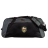 The EMB Canterbury RVA T.R.C. Holdall Duffle Bag by Canterbury is a large black and gray duffle bag featuring a shoulder strap and an RVA FC crest on the front. Water-repellent and ideal for carrying your rugby essentials, it is shown on a plain white background.