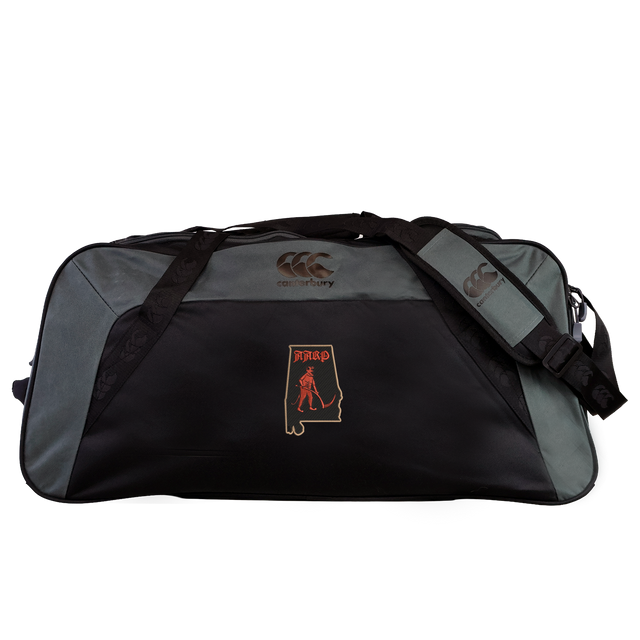 Water-repellent EMB Canterbury Aging Alabama Rugby Players Holdall Duffle Bag in black and grey with a University of Alabama logo patch.
