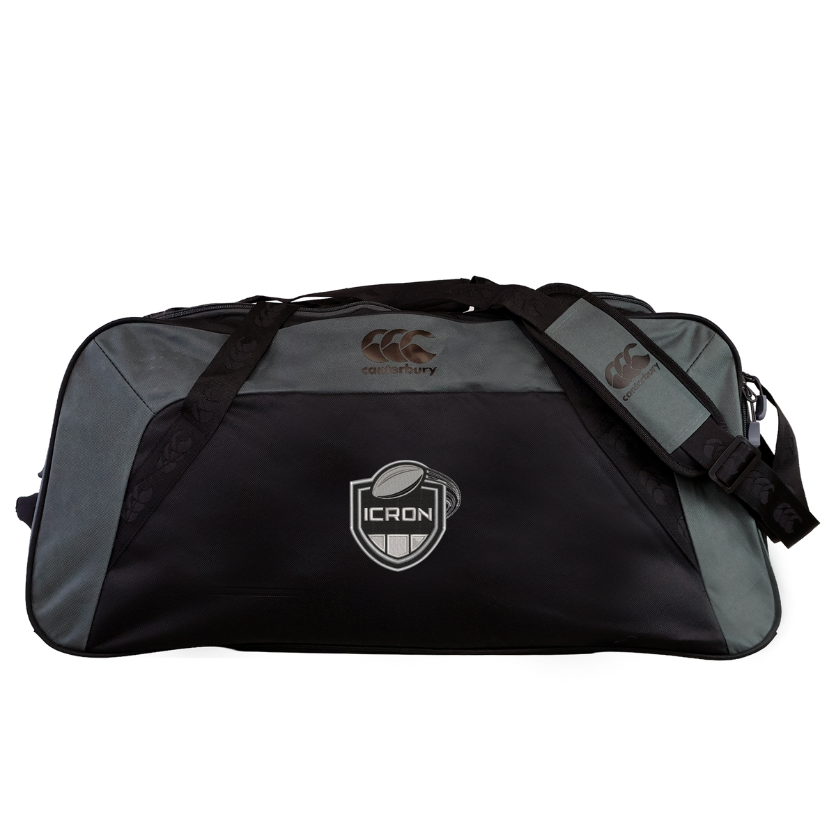 Black and grey ICRON Holdall Duffle Bag by Canterbury featuring a shoulder strap and an ICRON logo emblem on the front.