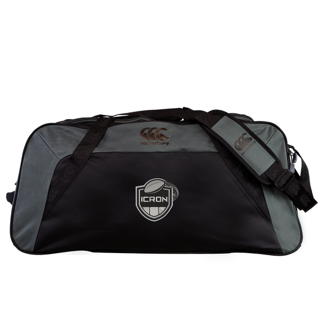 Black and grey ICRON Holdall Duffle Bag by Canterbury featuring a shoulder strap and an ICRON logo emblem on the front.