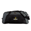 The Chicago Riot Holdall Duffle Bag by Canterbury, from EMB Canterbury, features a black and gray design, front "Chicago Riot Softworks" logo, padded shoulder strap, and water-repellent material for added durability.