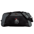 The Birmingham Iron Women's Football Holdall Duffle Bag by EMB Canterbury is a large, water-repellent black and gray duffle, ideal for rugby, featuring the Canterbury logo and an embroidered "IRON" emblem with a knight in armor.