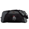 The Birmingham Iron Women's Football Holdall Duffle Bag by EMB Canterbury is a large, water-repellent black and gray duffle, ideal for rugby, featuring the Canterbury logo and an embroidered "IRON" emblem with a knight in armor.