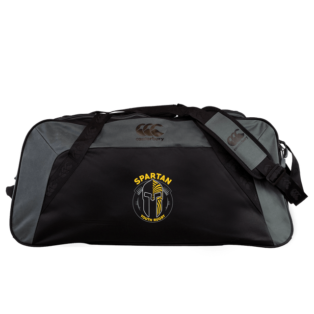 The Spartan Youth Rugby Holdall Duffle Bag by EMB Canterbury is a black and gray water-repellent duffle with a padded shoulder strap and "Spartan Youth Rugby" logo, ideal for rugby gear. Shown on a plain white background.