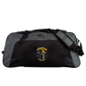 The Spartan Youth Rugby Holdall Duffle Bag by EMB Canterbury is a black and gray water-repellent duffle with a padded shoulder strap and "Spartan Youth Rugby" logo, ideal for rugby gear. Shown on a plain white background.