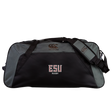 The East Stroudsburg University Holdall Duffle Bag by EMB Canterbury is a black and gray water-repellent rugby duffle with "ESU Rugby" embroidered on the front pocket, shown against a plain white background.