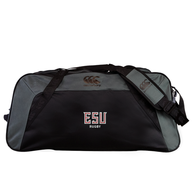 The East Stroudsburg University Holdall Duffle Bag by EMB Canterbury is a black and gray water-repellent rugby duffle with "ESU Rugby" embroidered on the front pocket, shown against a plain white background.