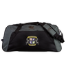 The Winchester Cannons Holdall Duffle Bag by EMB Canterbury features a black and gray design, club crest, padded shoulder strap, and water-repellent fabric—ideal for carrying your rugby gear.