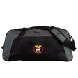 The Potomac Exiles Rugby Club Holdall Duffle Bag by Canterbury, from EMB Canterbury, is a black and gray rugby duffle bag featuring the club logo with a yellow "Y" and a red laurel wreath on the front pocket.