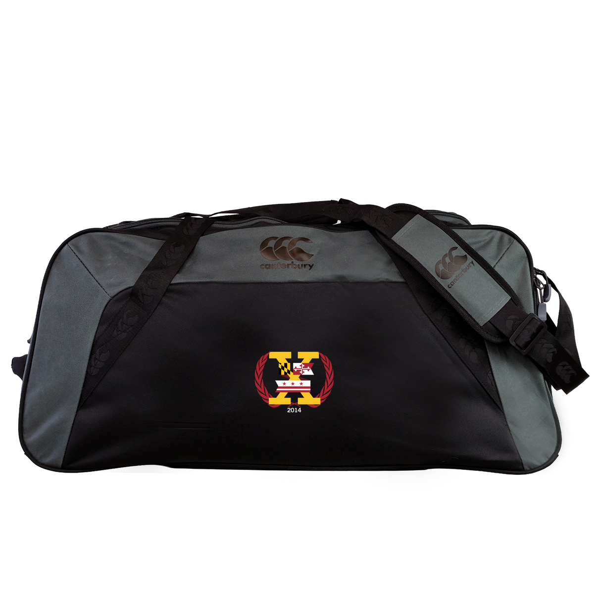The Potomac Exiles Rugby Club Holdall Duffle Bag by Canterbury, from EMB Canterbury, is a black and gray rugby duffle bag featuring the club logo with a yellow "Y" and a red laurel wreath on the front pocket.