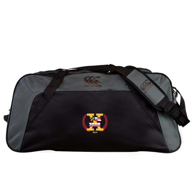 The Potomac Exiles Rugby Club Holdall Duffle Bag by Canterbury, from EMB Canterbury, is a black and gray rugby duffle bag featuring the club logo with a yellow "Y" and a red laurel wreath on the front pocket.