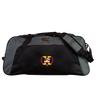 The Potomac Exiles Rugby Club Holdall Duffle Bag by Canterbury, from EMB Canterbury, is a black and gray rugby duffle bag featuring the club logo with a yellow "Y" and a red laurel wreath on the front pocket.