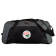 A black and gray Society of Iowa Rugby Referees Holdall Duffle Bag by EMB Canterbury, featuring a colorful floral logo and “Society of Iowa Rugby Referees” text on the front pocket, this water-repellent bag is perfect for carrying all your rugby essentials.