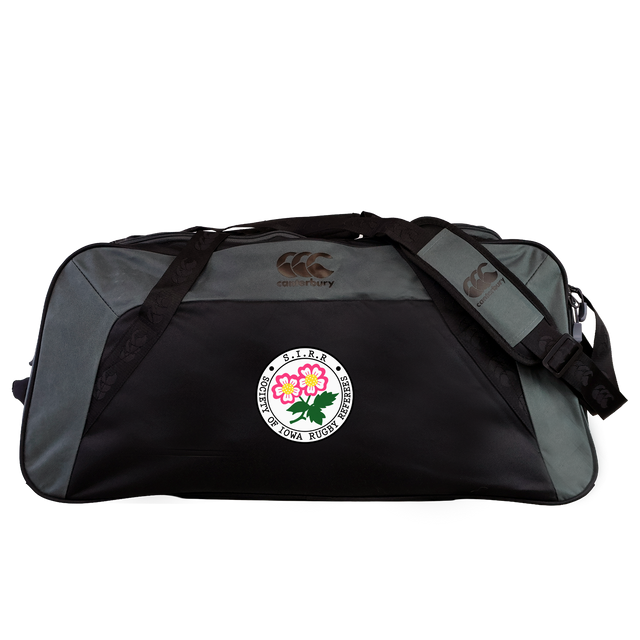 A black and gray Society of Iowa Rugby Referees Holdall Duffle Bag by EMB Canterbury, featuring a colorful floral logo and “Society of Iowa Rugby Referees” text on the front pocket, this water-repellent bag is perfect for carrying all your rugby essentials.