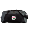 A black and gray Society of Iowa Rugby Referees Holdall Duffle Bag by EMB Canterbury, featuring a colorful floral logo and “Society of Iowa Rugby Referees” text on the front pocket, this water-repellent bag is perfect for carrying all your rugby essentials.