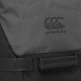 Close-up of the Canterbury Team Wheelie Bag in black, featuring the iconic "Canterbury" logo and triple-C emblem on the fabric—making it an ideal training companion for athletes on the go.