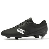 The Junior Canterbury Raze SG Boot by Canterbury features a black/white design, metal studs for grip, lace-up closure, and a white Canterbury logo on the side—perfect for youth rugby players.