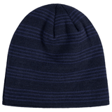 A dark blue knit Canterbury Beanie with horizontal, lighter blue stripes and an embroidered Canterbury logo.