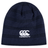 A dark blue Canterbury Beanie with a striped pattern featuring the embroidered Canterbury logo in white on the front.