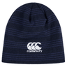 A dark blue Canterbury Beanie with a striped pattern featuring the embroidered Canterbury logo in white on the front.