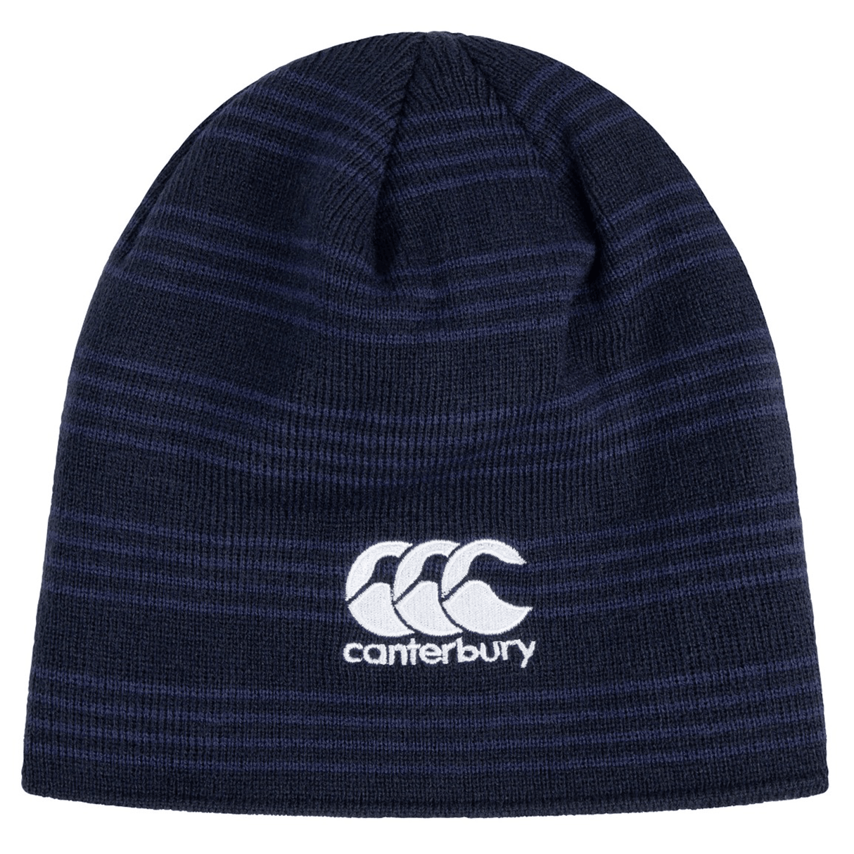 A navy blue Brazil Shield Beanie from EMB Canterbury featuring horizontal stripes and a white logo with three overlapping crescents and the word "canterbury.