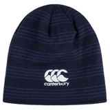 A navy blue Brazil Shield Beanie from EMB Canterbury featuring horizontal stripes and a white logo with three overlapping crescents and the word "canterbury.