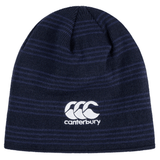 The EMB Canterbury Argentina Shield Beanie sports a navy design with subtle stripes and is accented by a white Canterbury logo on the front.