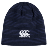 Introducing the EMB Canterbury England Shield Beanie: a dark blue knit with subtle stripes and a front white logo showcasing three overlapping shapes and "canterbury." Perfect for fans of quality craftsmanship—stay tuned for more details!.