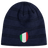 Just In: EMB Canterbury's Italy Shield Beanie boasts a navy knit with horizontal stripes, featuring an Italian flag shield emblem on the front.