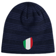 Just In: EMB Canterbury's Italy Shield Beanie boasts a navy knit with horizontal stripes, featuring an Italian flag shield emblem on the front.