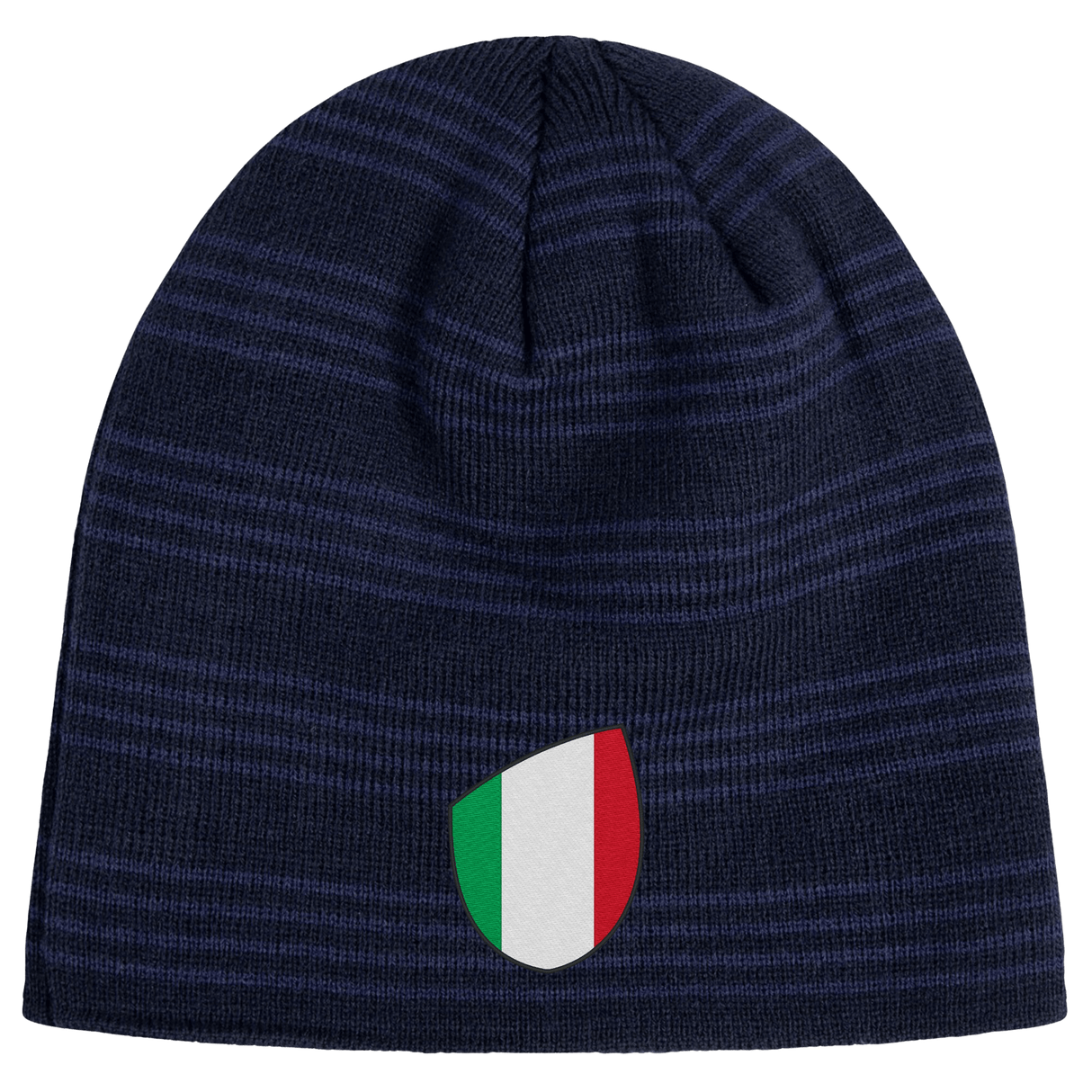 Just In: EMB Canterbury's Italy Shield Beanie boasts a navy knit with horizontal stripes, featuring an Italian flag shield emblem on the front.