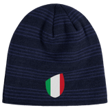 Just In: EMB Canterbury's Italy Shield Beanie boasts a navy knit with horizontal stripes, featuring an Italian flag shield emblem on the front.