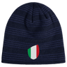 Just In: EMB Canterbury's Italy Shield Beanie boasts a navy knit with horizontal stripes, featuring an Italian flag shield emblem on the front.