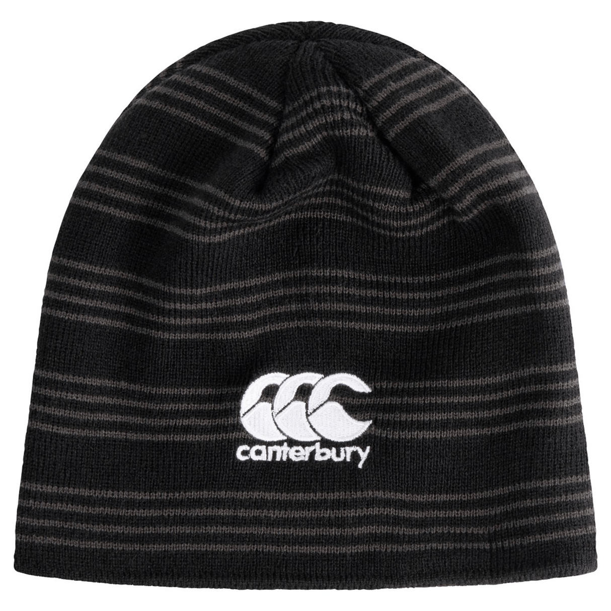 The Brazil Shield Beanie by EMB Canterbury showcases a black and gray striped design with an embroidered Canterbury logo on the front.